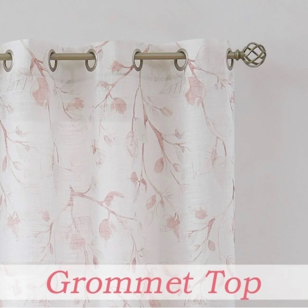 Central Park Leaf Floral Print Metallic Sheer Linen Curtain Panel 40